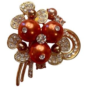 Orange pearl like beads, clear rhinestones & gold-tone metal brooch great color!
